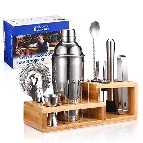 Product Image of the 14PC Bartender Kit - Silver Cocktail Shaker Set - All Barware Essentials for Drink Mixing Includes Stand, Martini Shaker, Jigger, Strainer, Mixer Spoon, Muddler, Liquor Pourers, Touch of Mixology
