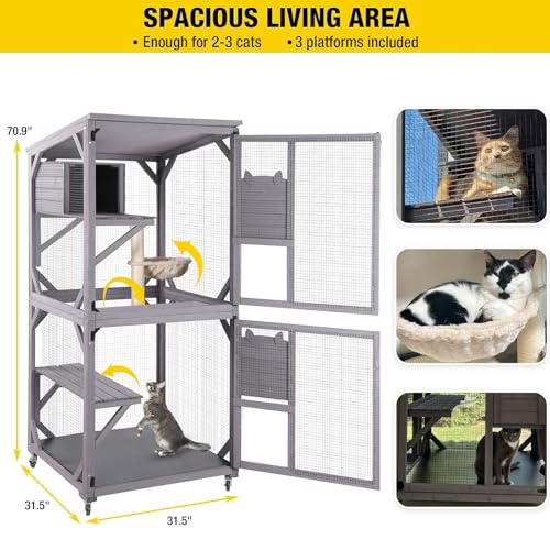 Image of Aivituvin Cat House Outdoor Cat Catio Wooden Large Enclosure with Run on Wheels 70.9 inch Upgraded Version Catio with Reinforcement Strip,Waterproof Roof (Grey)