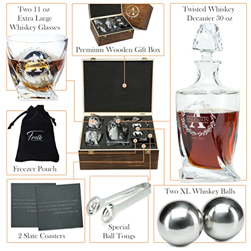 Personalized Whiskey Decanter and Stones Set - Customized Gift for Him - Men, Dad, Father - Engraved Twisted Decanter,2 Twisted Glasses, 2 XL Chilling Balls, Coasters, Tongs in Wooden Gift Box - Image 4