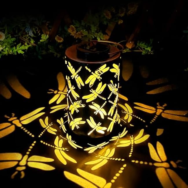 Solar Lanterns Outdoor Hanging Lights, Dragonfly Hollow Decor, Metal Waterproof Decorative Lanterns for Garden Patio Yard Lawn Backyard Front Porch as Gifts for Mom Grandma Women