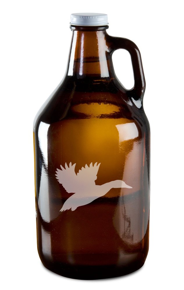Flying Duck Hunting Hand-Made Etched Glass Beer Growler 64 oz