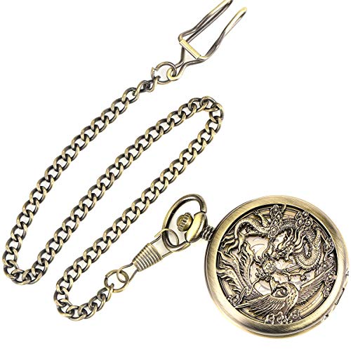 Image of ManChDa Antique Mechanical Pocket Watches for Men Lucky Dragon Phoenix Pocket Watch with Chain Skeleton Dial Roman Numerals Gifts for Fathers Day