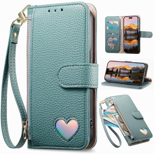 Funda Tipo Cartera con Cremallera para OPPO A54S/Oppo A16S, Bolsillo con Soporte, Correa de muñeca, Carcasa con Estampado de Amor para OPPO A54S/Oppo A16S-Verde