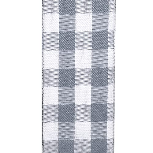 Image of Grey Buffalo Plaid Wired Ribbon - 2 1 /2 inch x 10 Yards, White, Thanksgiving, Fall, Christmas Tree Ribbon, Rustic, Farmhouse, Wreath Decor, DIY, Craft Decoration, Swag