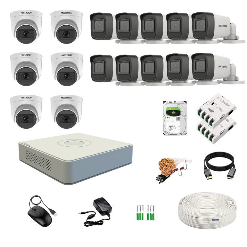 Image of HIKVISION 16 Channel Wired DVR with 5MP 6 Dome & 10 Bullet Cameras with Audio Recording (Day /Night Vision) + 4TB HDD+Copper Cable Roll (1+3) 8 CH Power Supply 2 Nos + BNC & DC Full Combo Kit
