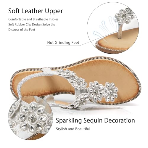 Image of iCKER Women Rhinestone Sandals T-Strap Buckle Bohemian Pearl Crystal Flat Sandals