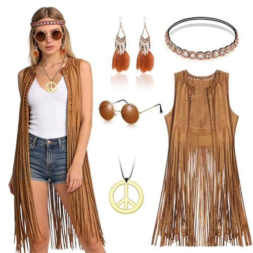 LGZIN Disfarce hippie para mulher, colete hippie mulher com acessórios, roupa anos 70 disfarces, fato hippies mulheres, disfarces hippies anos anos 60 70 para mulheres, roupa hip-pé disco para