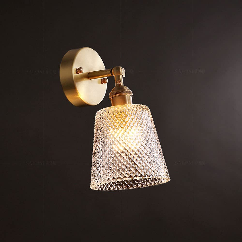 ASerZenith Led Wall Lamp, Brass Bedside With Clear Glass Lampshade, Copper Wall Sconce Rotatable Fixture, E27 Lamps For Bedroom Living Room