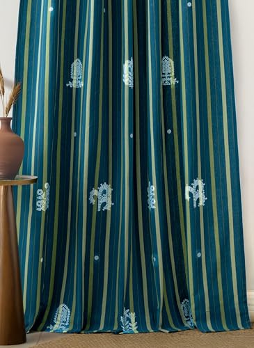 Image of Tranquebar Curtain Co. Window Curtains 5 Feet, 60-65% Room Darkening,Blue Rabah, Cotton Curtains for Window, Cotton Curtains 5 Feet Long Set of 2, BackTab Loops,Rabah (152 cm) - Set of 2