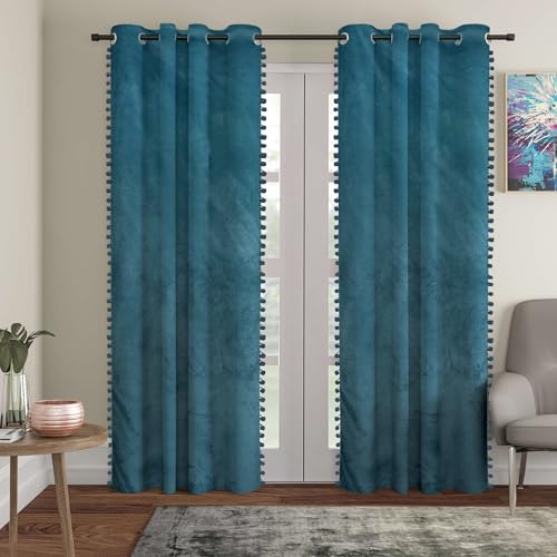 Image of STITCHNEST Premium Velvet Blackout Curtains with Pom Pom - Pack of 1 Door Curtains, Elegant Castleton Green Color - Room Darkening for Bedroom & Living Room (Size: 9ft)