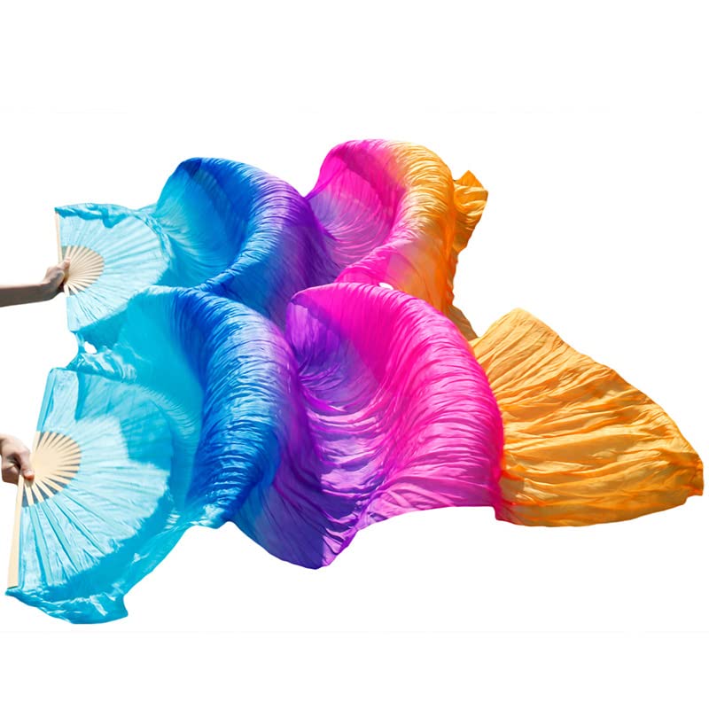 Belly Dance Faux Silk Veil Fans, 1 Pair (Left+Right) Faux Silk Bamboo Long Fans Veils, Handmade Belly Dance Dancing Silk Fans, Dance Performance