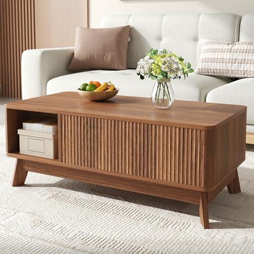 DACHETOU Mesa de centro con función de elevación, 48 x 50 x 95 cm, aspecto ondulado, compartimento lateral abierto, material MDF, estilo moderno, nogal