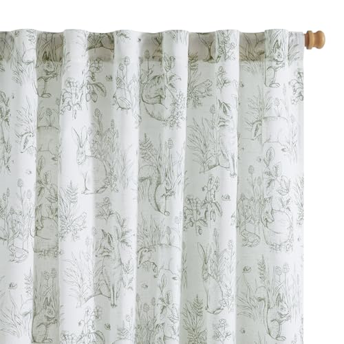Image of Vangao Easter Sage Green Nursery Curtains for Kids Room Linen Curtains 63 Inch Long Farmhouse Drapes with Bunny Woodland Wildlife Print Light Filtering French Country Forest 2 Panels