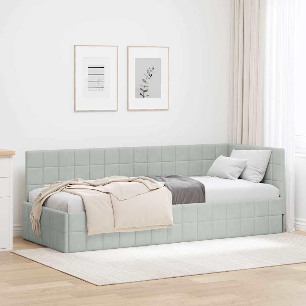 Estructura de cama esquinera gris claro con cabecero de 80 x 200 cm terciopelo en forma de L tapizada con somier para dormitorio, invitados, habitación juvenil, diseño que ahorra espacio