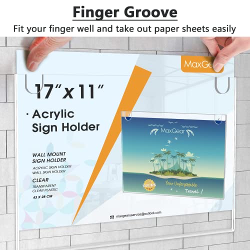 Image of MaxGear Acrylic Wall Mount Sign Holder, 11 x 17 Landscape, 6 Pack | Includes Adhesive Tapes and Screws, Clear Acrylic Display for Signs, Posters and Documents, Ideal for Office, Home, Store