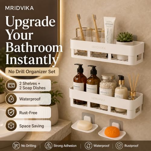 Image of Bathroom Shelf Without Drill | Adhesive Bathroom Organizer Wall Shelf | 2 Shelves + 2 Soap Dish (NEW)
