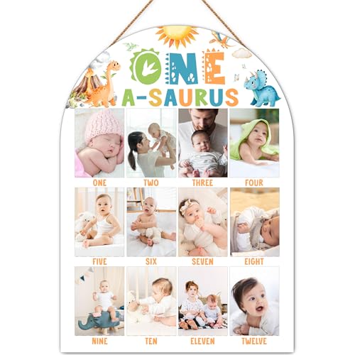 Dinosaur My First Year Photo Board, One a Saurus Birthday Decoration Photo Frame, 12 Monthly Baby Milestone Sign, Dinosaur Nursery Decor for Boy Girl, Gender Neutral Baby Keepsake Gifts-A04