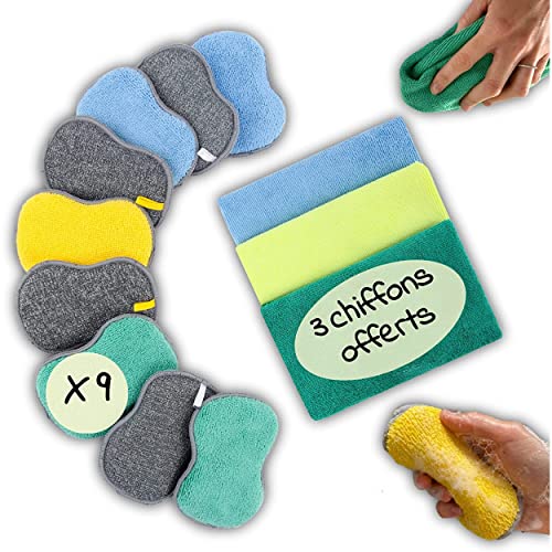 Lot 9 éponges lavables en Microfibres antibactériennes + 3 Chiffons Microfibre réutilisable Offerts! Tampons à récurer la Vaisselle, poeles, poelons, Pots sans Rayures. Eponge Lavable réduire dechets Cover