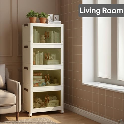Image of CELLO Foldable Plastic Cabinet | 4 Tier Cabinet | Multipurpose Storage Organizer for Clothes, Toys & Household Items | Racks for Home & Kitchen | Space-Saving Design | Beige & Brown