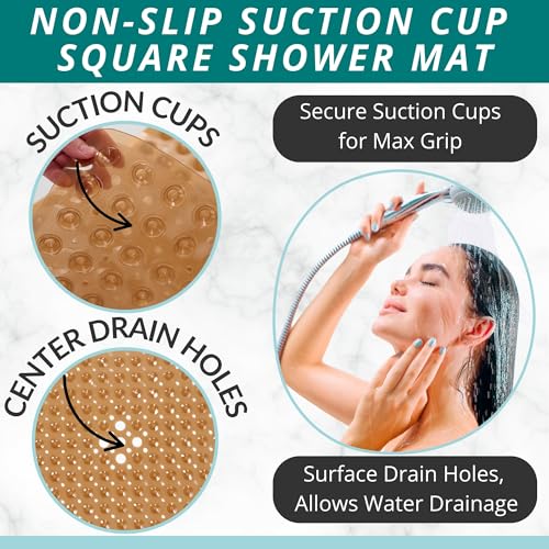 Image of ENKOSI Square Shower Mat - 21 x 21 Inch Non-Slip Bathroom Shower Stall Mat with Suction Cups and Drain Holes - Anti-Slip Bathtub Shower Mats for Inside Shower (21x21 Clear Brown)