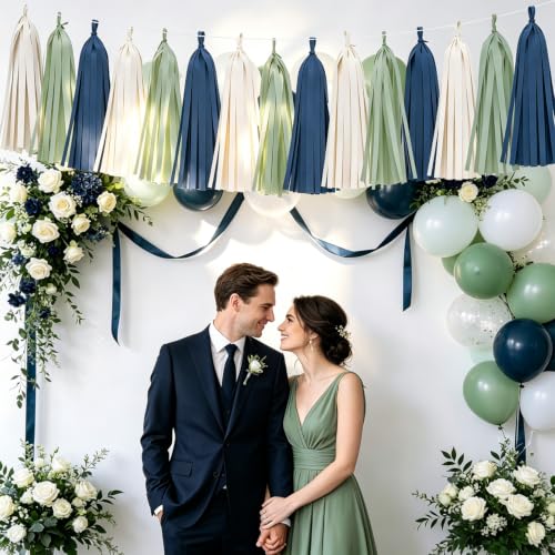 Image of Navy Sage Green Tassel Garland for Wedding Decor Baby Shower Decorations