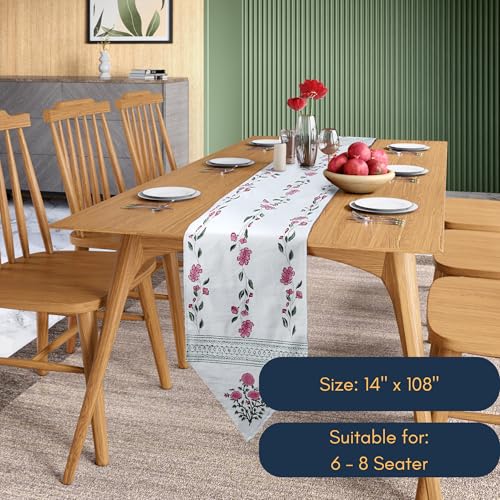Image of Table Runner 100% Cotton Linen - Valentine's & Spring Block Print Collection - Boho Floral Farmhouse Decor - Dining Living Room - 108 inch 6 - 8 Seater - Pink Parisian Bloom (Pink & White)