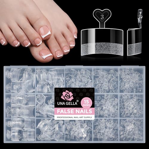 UNA GELLA Half Cover Square Toe Nail Tips For Big Wider Toe 510Pcs 15Sizes Soft Gel Pre-etched Fake Toenails Press On Nails For Nail Extensions Home DIY Nail Salon