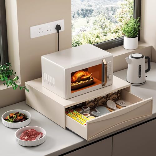 Sliding Countertop Tray with Drawer, Carbon Steel Organizer Shelf, Kitchen Microwave Oven Pull Out...