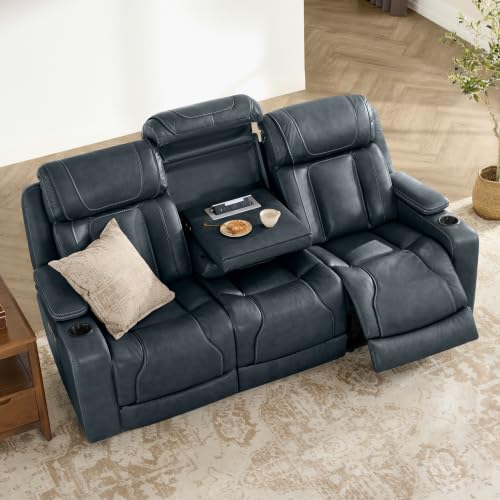 Image of Watson & Whitely Power Reclining Sofa 3-Seat Middle Flip Back, Leather Blue