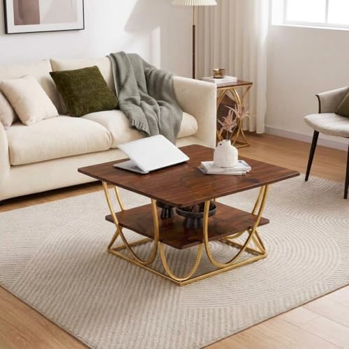 Image of EDEUEQUE Modern Center Table Coffee Table Sofa Side Table for Living Room Cocktail Table End Table with Storage Wooden Tabletop-Marble Print with Metal Frame (Golden Brown)