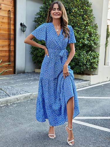 Image of MASCOMODA Women Boho Swiss Dot Maxi Dresses Wrap V Neck Flutter Short Sleeve Solid Tie Waist A Line Tiered Flowy Long Dresses