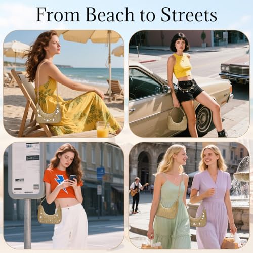 Beach Purse Straw Shoulder Bag for Women, Summer Purse with Shell Pearl Bag Charms & 2Pcs Detachable Strap Chain2