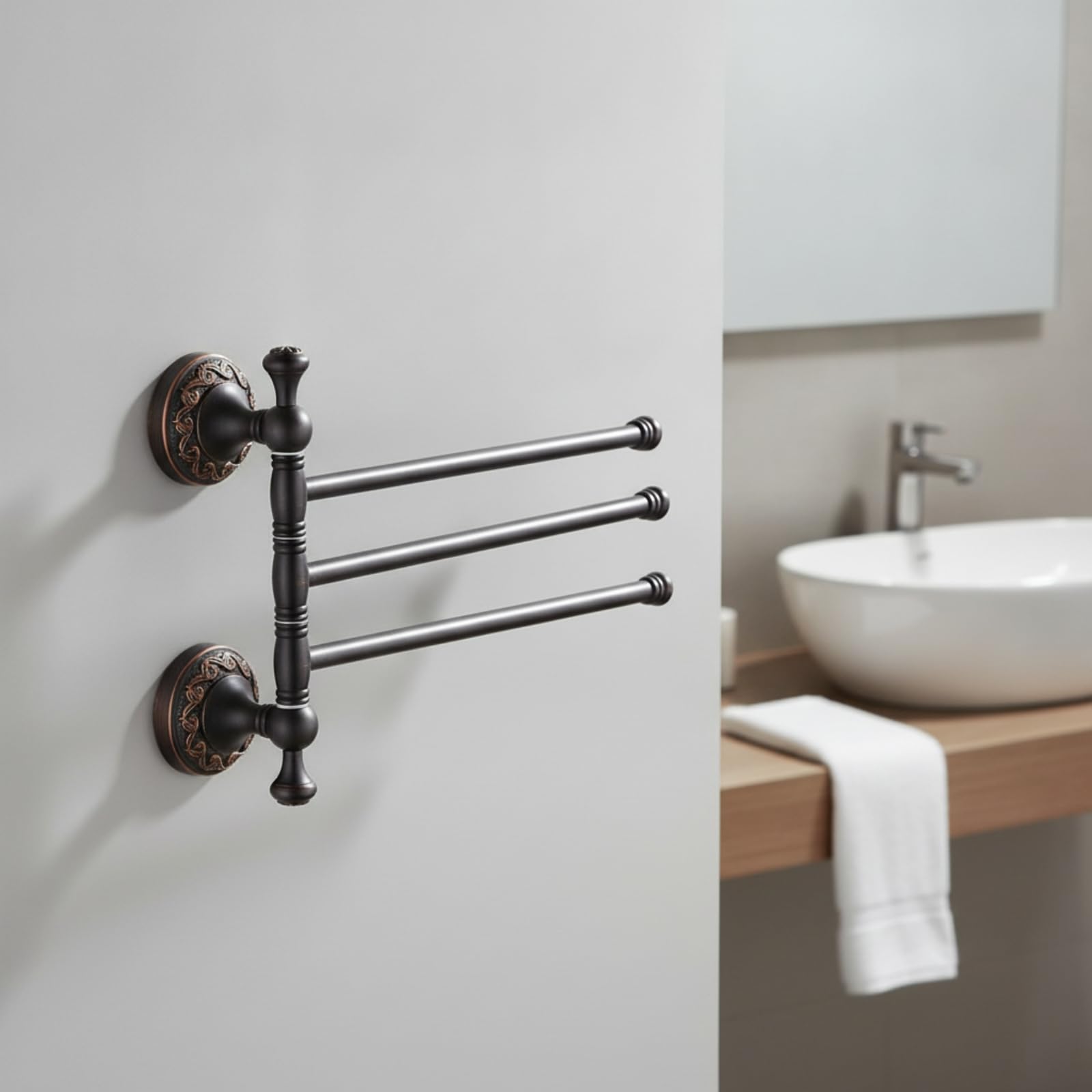 Toallero Giratorio 3 Brazos Resistente Toallero con 3 Brazos Estable Soporte para Baño, Negro, Estilo Europeo, Diseño De Tres Barras, Acabado En Negro Mate