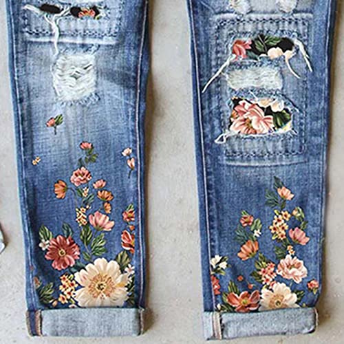 Boyfriend Jeans for Women Mid-Waist Distressed Ripped Hole Patch Flower Print Straight Denim Pants4