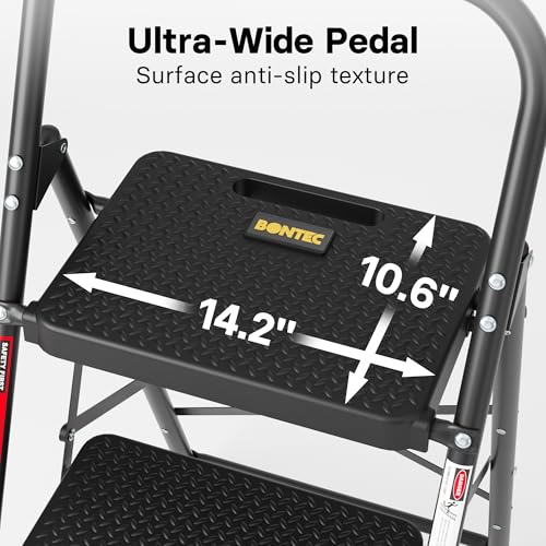 Image of BONTEC 3 Step Ladder, Capacity 600lbs with Wide Anti-Slip Pedals, Folding Steel Step Stool, Sponge Handlebar, Lightweight Portable Ladder Suitable for Home, Kitchen, Pantry, Indoor /Outdoor Use, Black
