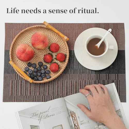 Image of Anugrah Dining Mats Table Mats PVC Placemats Heat-Resistant Placemat for Dining Tea Table Woven Vinyl Stain Resistant Table Mats Easy to Clean - 45x30 cm (Brown Black, 6)