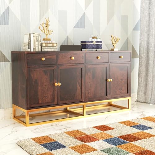 Image of Wooden Sideboard Cabinet for Living Room | Storage Cabinet with Drawers & Doors | Sheesham Wood Buffet Cabinet | Kitchen Cabinet for Home | Walnut Finish | 64 X 15.8 X 31.5 Inches