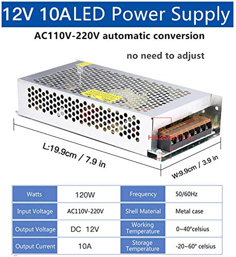Image of 10A 120W 12V DC Power Supply, Universal Regulated Switching AC 110V /220V to DC Converter (SMPS) Transformer Driver Adapter for LED Strip Lights, CCTV Camera System, 3D Printer, Radio, Computer Project