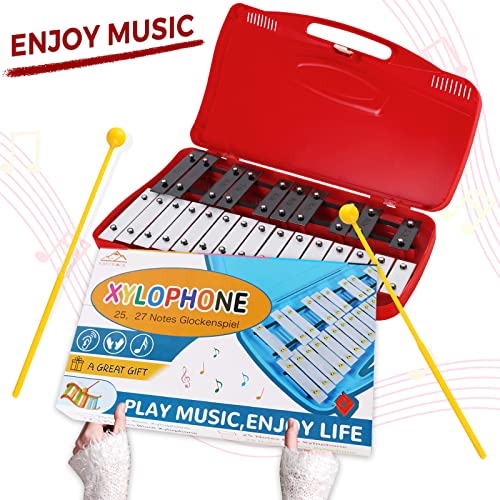 Image of EASTROCK 25 Notes Xylophone Professional Glockenspiel with Box Stick Red | Aluminum Alloy Piano Keys ABS Hard Storage Box Percussion Instrument Kit Suitable for Adult Beginners Music Performance