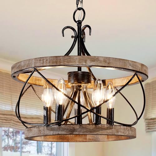 20' Farmhouse Chandelier, Rustic Drum Chandelier Light Fixture Over Table, 5-Light Pendent Light for Dining Room Vintage Wood Chandelier for Bedroom Hanging Lamp for Kitchen