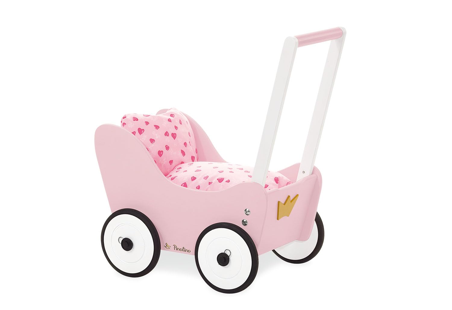 Pinolino Puppenwagen Prinzessin Lea, aus Holz, mit Bremssystem, Lauflernhilfe mit gummierten Holzrädern, für Kinder von 1 – 6 J., rosa, weiß und gold