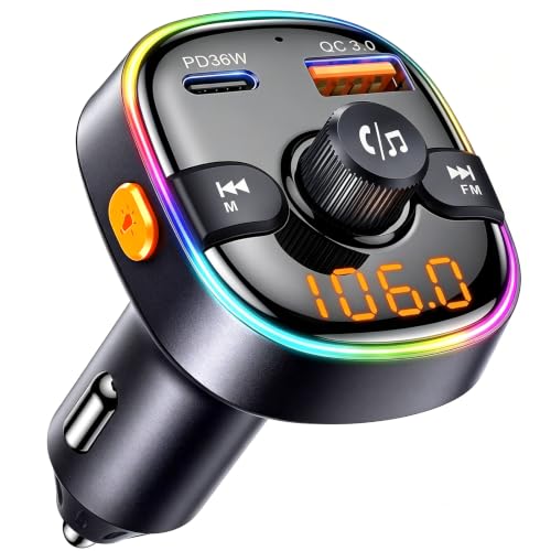 GizmoVine Transmisor FM Bluetooth del Coche 2-PD 36W y USB-A multiprotocolo TF (WMA/MP3/WAV/APE/FLAC), iluminación RGB de 7 Colores con Interruptor, protección de 4 vías, 12V/24V
