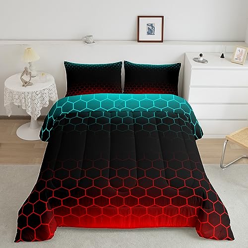 Image of Red Blue Ombre Bedding Set Queen, Geometric Honeycomb Comforter Set Abstract Ombre Honeycomb Comforter Beehive Hexagon Duvet Set with 2 Pillow Case