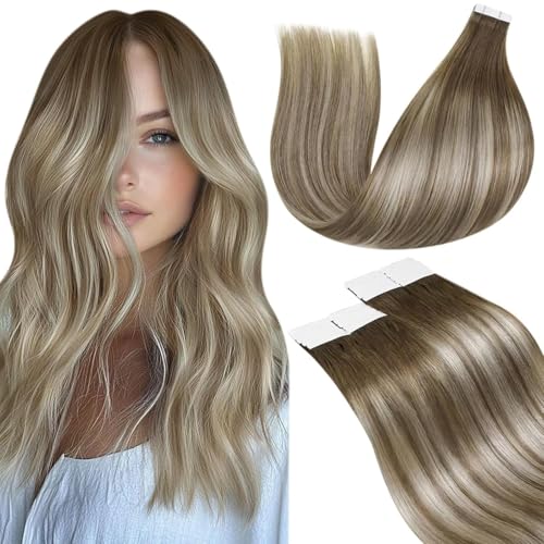Image of LaaVoo Tape in Extensions Human Hair Balayage Ash Brown to Blonde Mix with Platinum Blonde Tape in Hair Extensions Human Hair Seamless Tape on Real Hair Extensions 16 Inch 50g 20Pcs