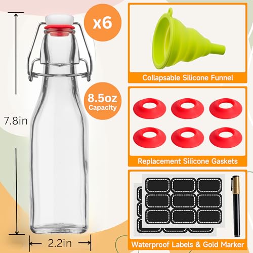 Image of Vanilla Extract Bottles [8.5 oz, 6-Pack] - Flip Top Swing Top Glass Bottles for Homemade Extracts, Kombucha, Coquito, Juice - Airtight Leak-Proof Caps with Funnel, Extra Gaskets, Labels & Marker