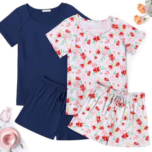 Image of Ekouaer 2 Pack Womens Pajama Sets Short Sleeve Sleepwear Soft Crew Neck Pj Shorts Set Printed Loungewear Set S-XXL