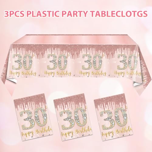 Xiliconie 3 Pack 30th Birthday Tablecloth Decorations for Women Rose Gold Happy 30 Birthday Plastic Disposable Rectangular Table Cloth for 30th Birth Day Party Supplies for Women by Xiliconie - Used condition - Image 4