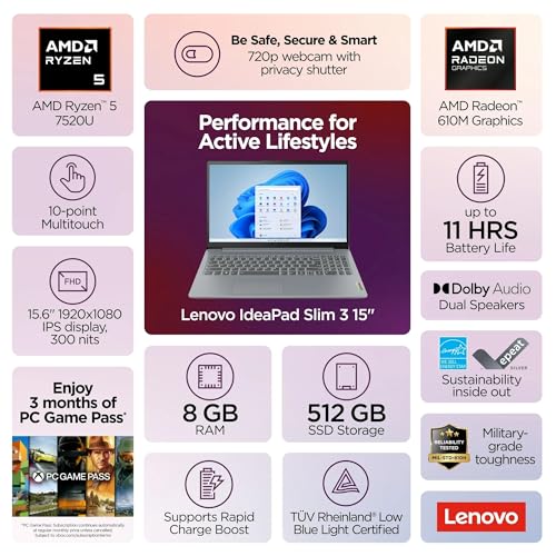 Image of Lenovo IdeaPad Slim 3 Laptop, 15.6 Inch FHD Touch Display, AMD Ryzen 5 7520U, 8GB DDR5 RAM, 512GB SSD, Windows 11, AMD Radeon 610M, WiFi 6, Bluetooth, Artic Grey, w /2TB Flash Drive, W /GaLiMu