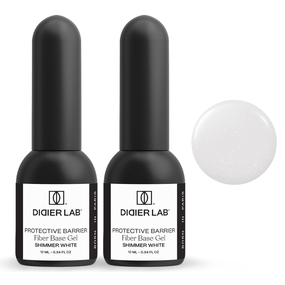 DIDIER LAB - Fiberglas Gel Nägel Base Coat Shimmer White Set - Starker Unterlack für Nägel mit Vitaminen und Mineralien - Selbstnivellierendes Soak Off Gel für UV Nagellack - 2x10ml