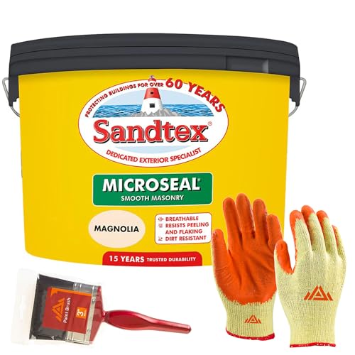 PERFECTONISH Sandtex Mircoseal Magnolia 7.5L Smooth Masonry 3 Paint Brush & Safety Gloves